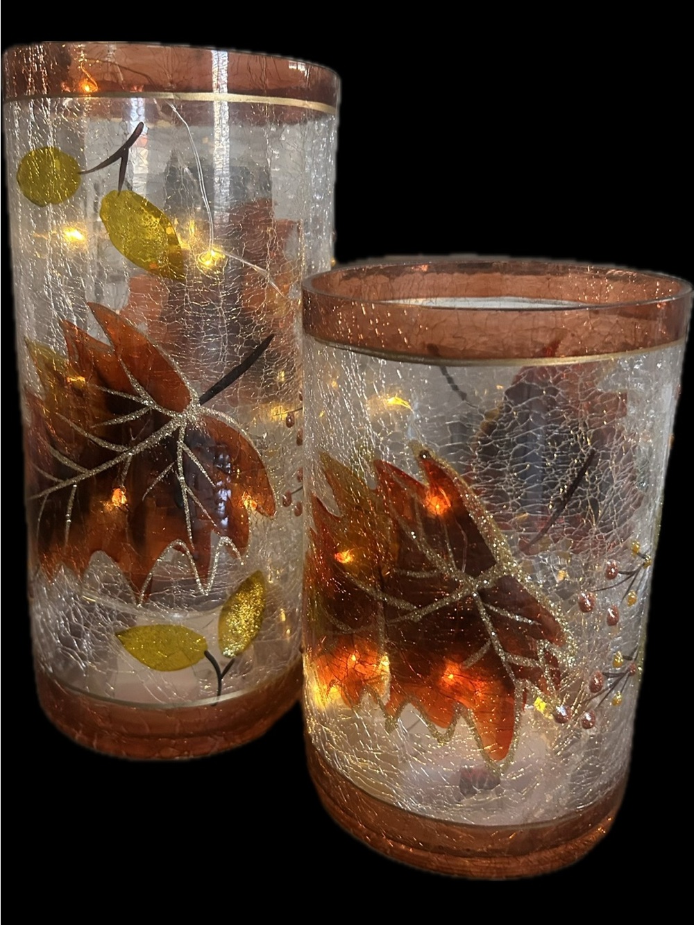 Amber Leaf Crackle Glass Hurricane Vases - Set of 2